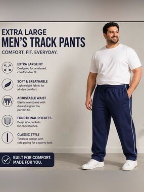 NWT Men’s XXL Navy Track Pants Athletic Jogger Lounge Pants Side Stripe